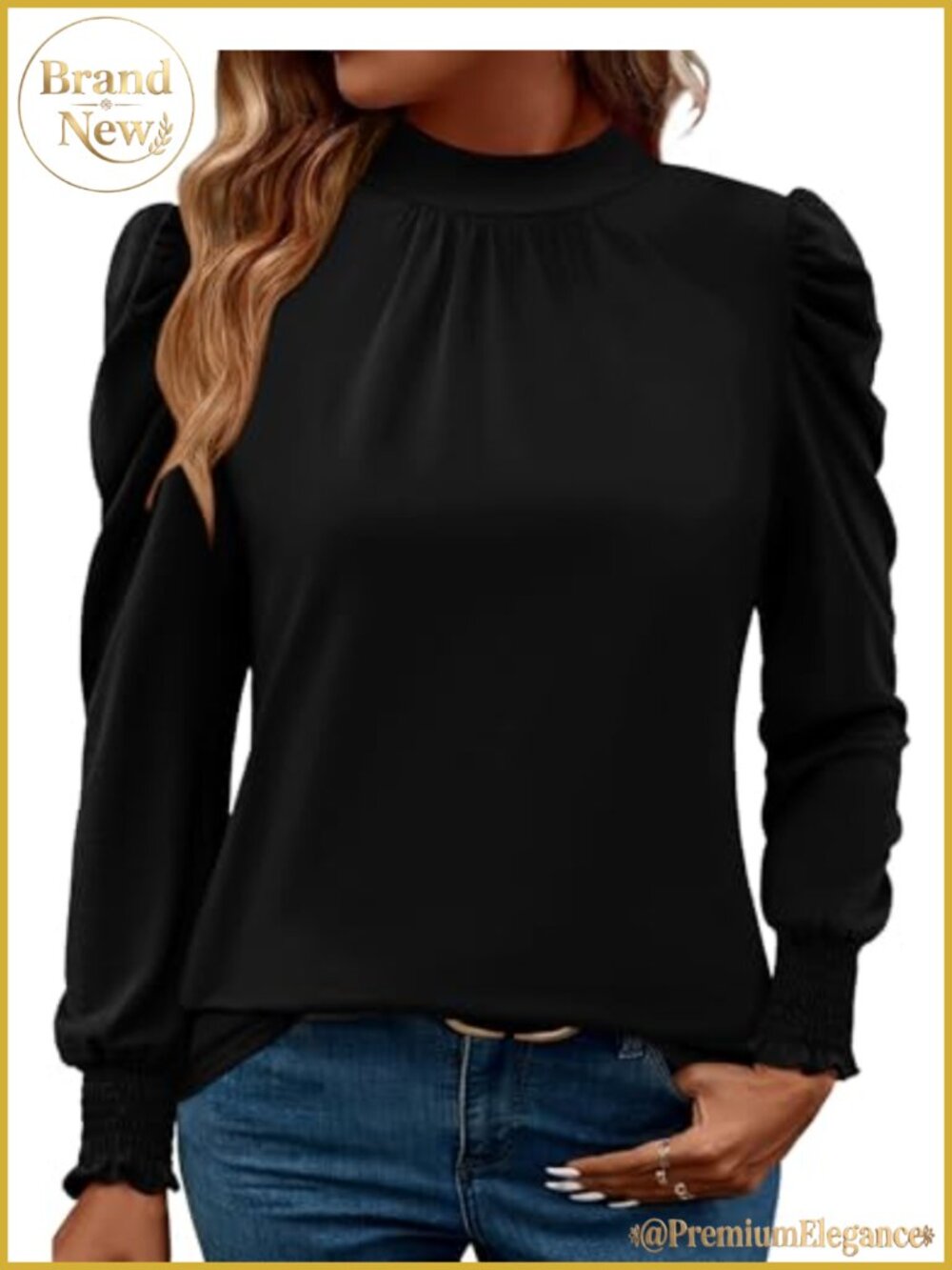 Puff Long Sleeve Blouse Frill Mock Neck Smocked Cuffs Pleated Top